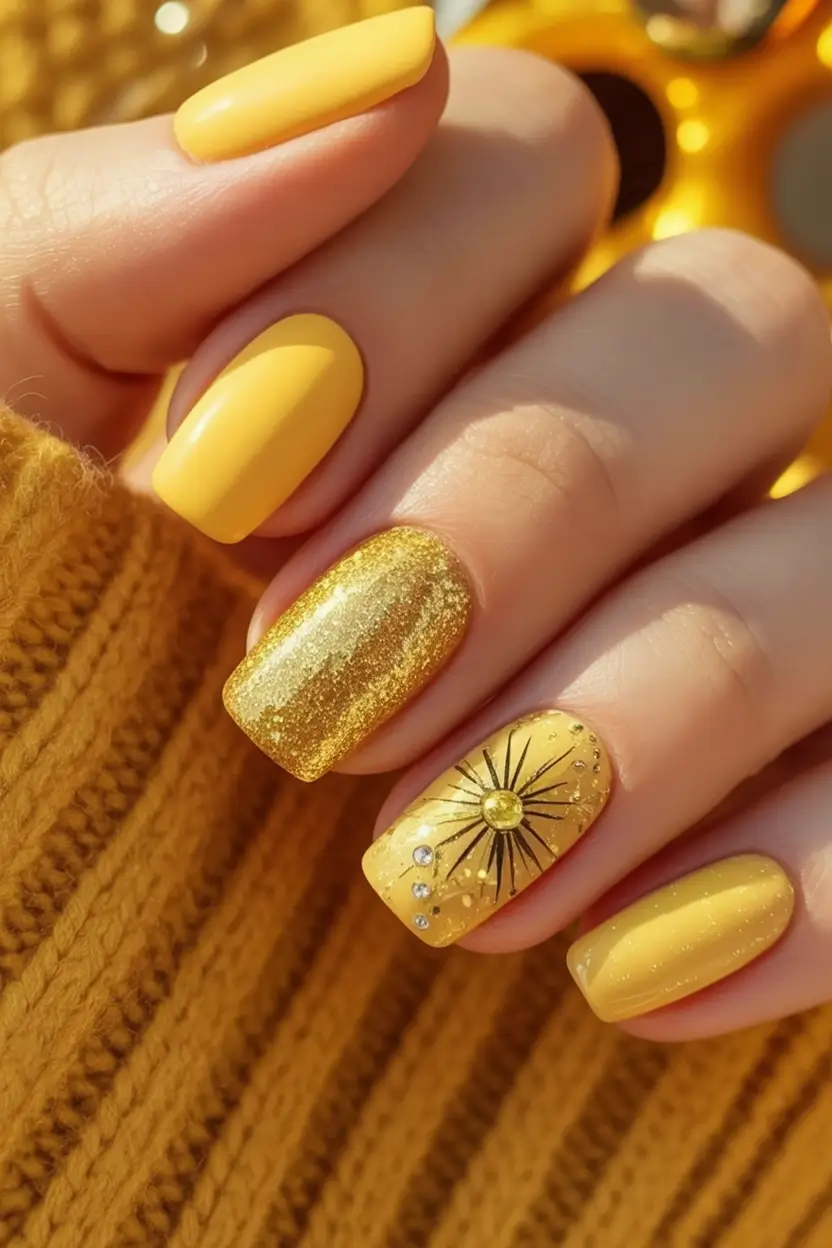 Fall 2025 Nail Color Trend Ideas Golden Daisy on Yellow Fields