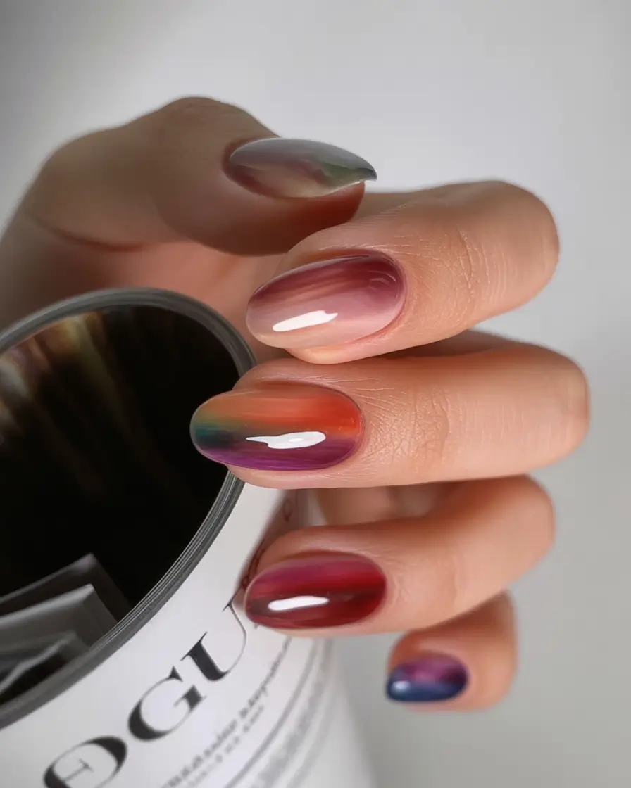 Fall 2025 Nail Color Trend Ideas Moody Rainbow Fade in Glossy Layers