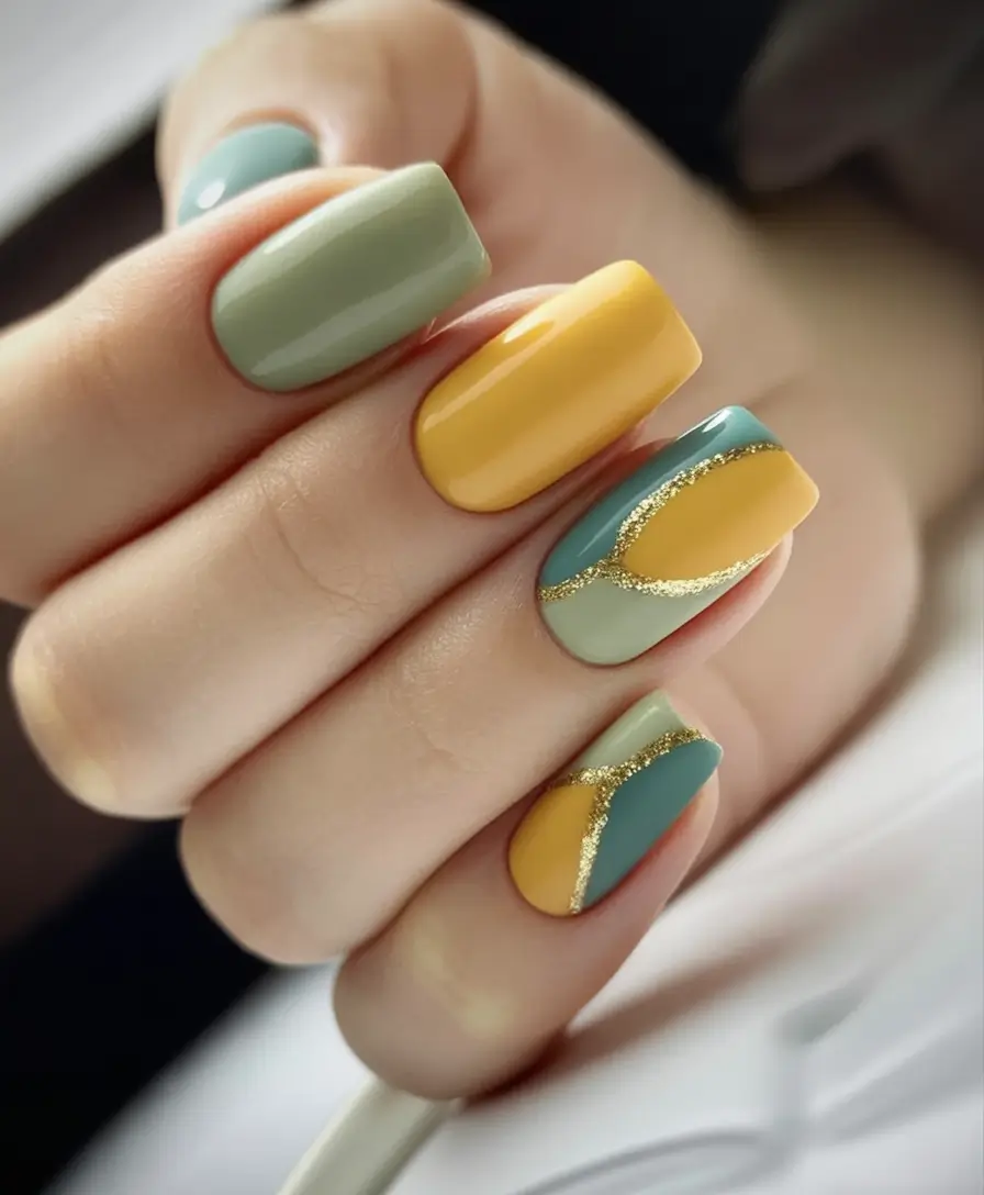 Fall 2025 Nail Color Trend Ideas Mustard and Sage With Golden Waves