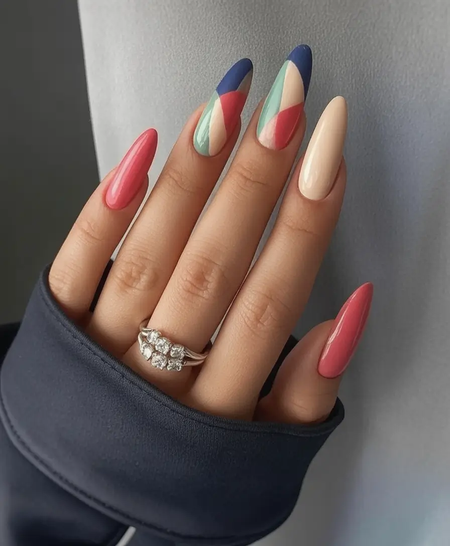 Fall 2025 Nail Color Trend Ideas Color-Blocked Almonds in Modern Jewel Tones