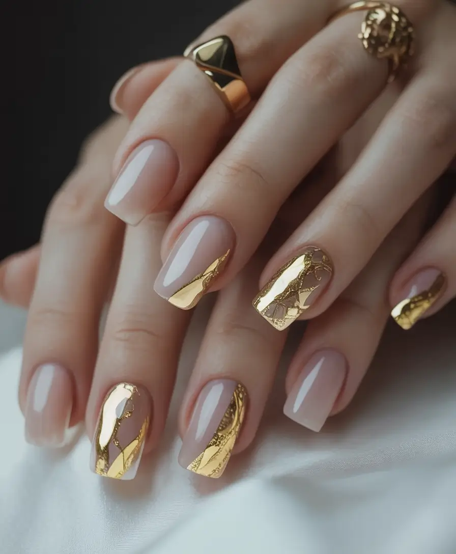 Fall 2025 Nail Color Trend Ideas Glazed Neutral With Luxe Gold Foil
