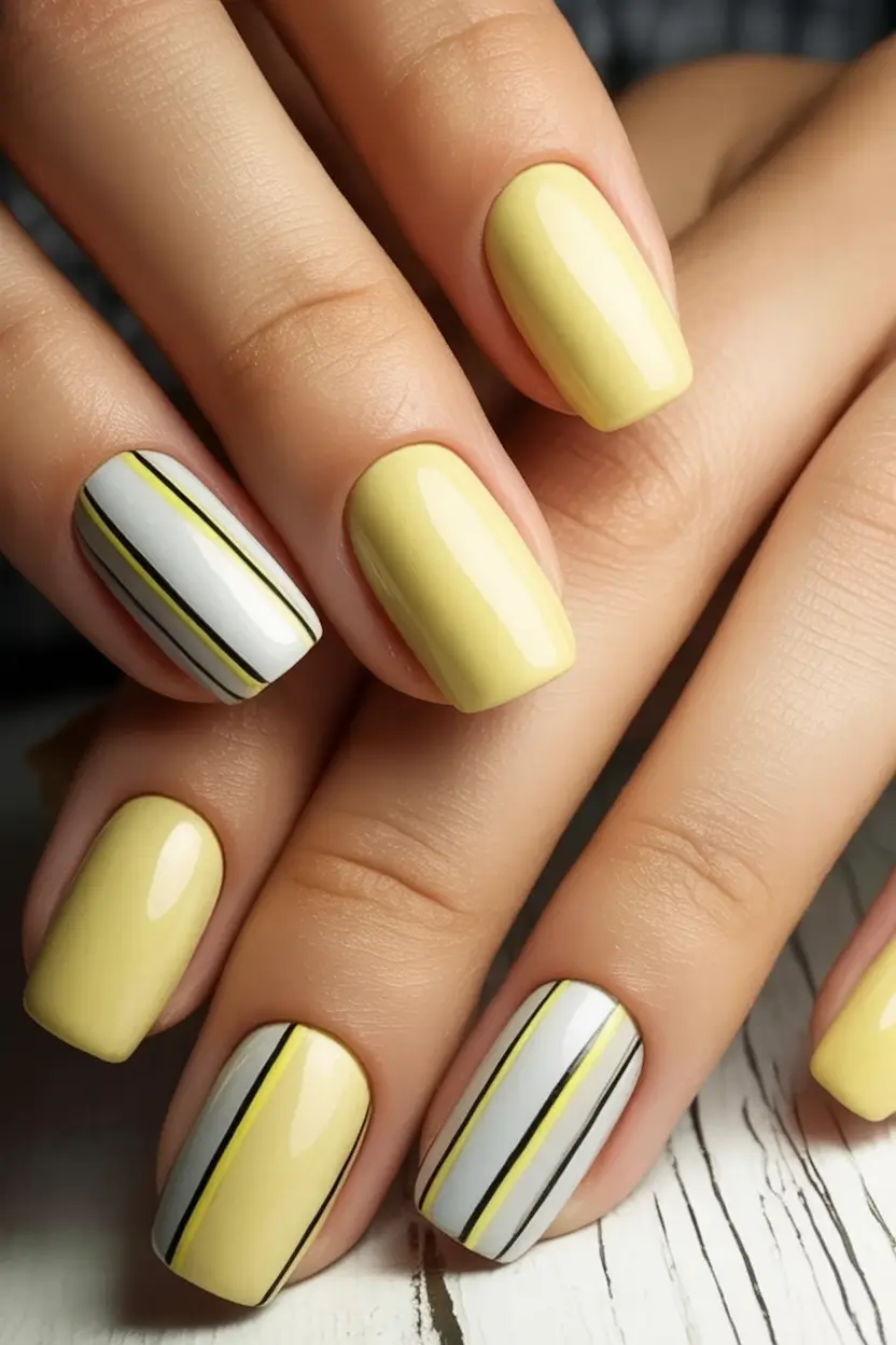 Fall 2025 Nail Color Trend Ideas Pastel Yellow with Modern Linework