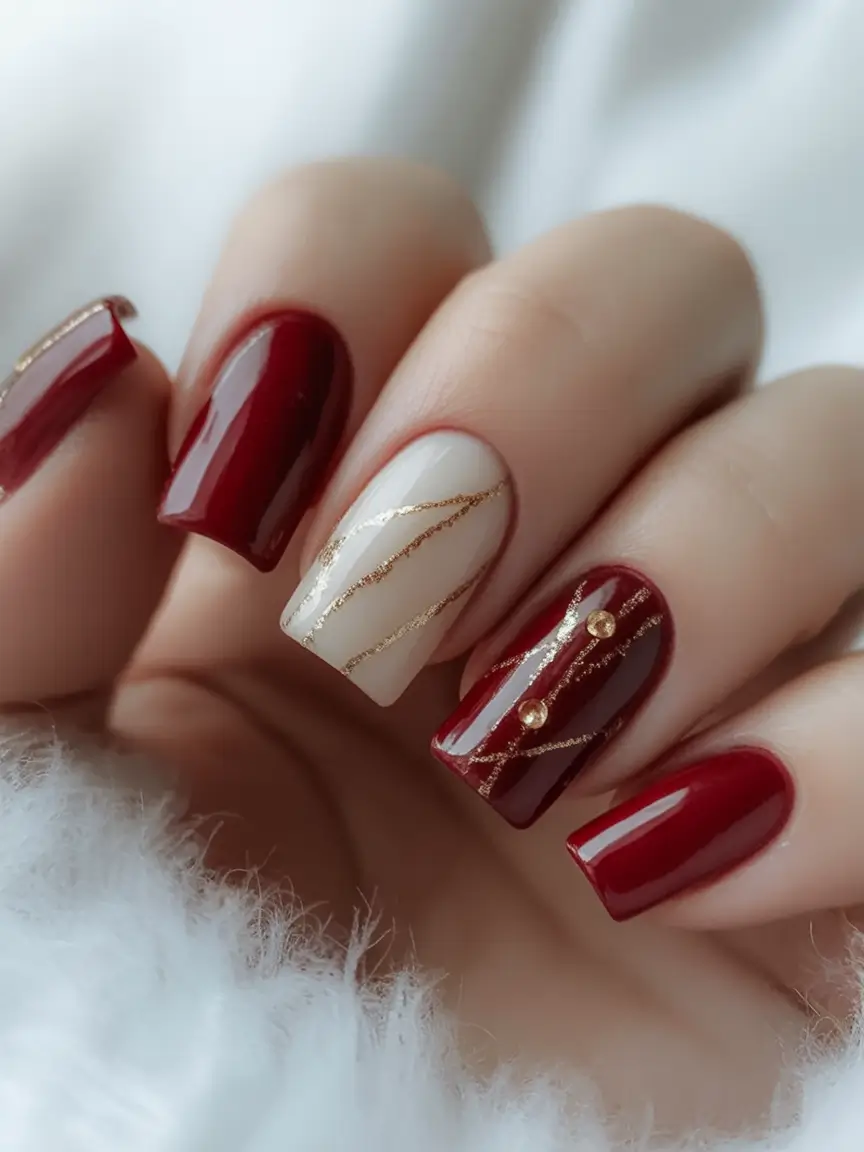 Fall 2025 Nail Color Trend Ideas Crimson Elegance with a Hint of Gold