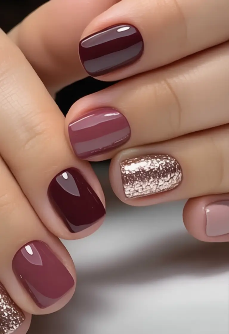 Fall 2025 Nail Color Trend Ideas Berry Mauve and Rose Foil Combo