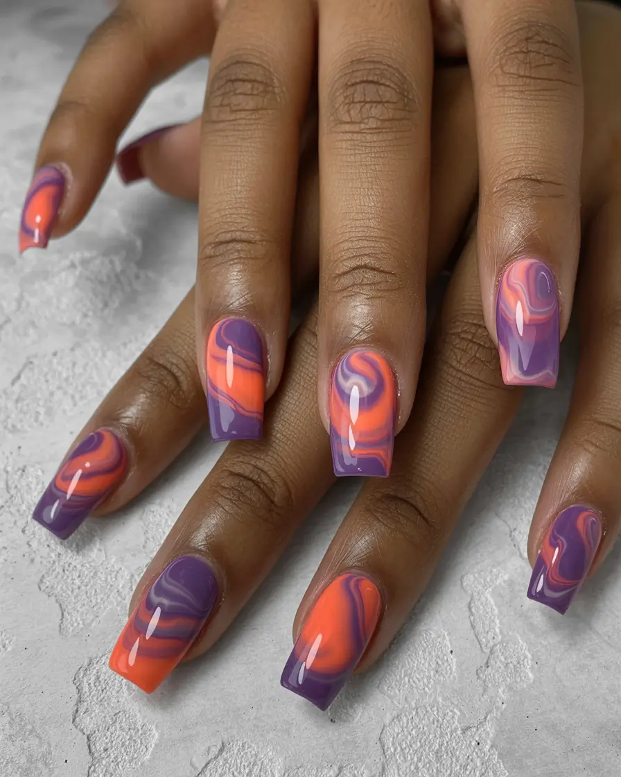 Fall 2025 Nail Colors for Dark Skin Violet and Ember Marble