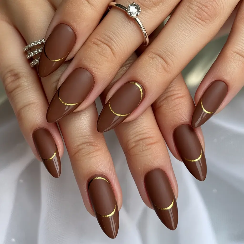 Fall 2025 Nail Colors for Dark Skin Matte Mocha with Golden Lines