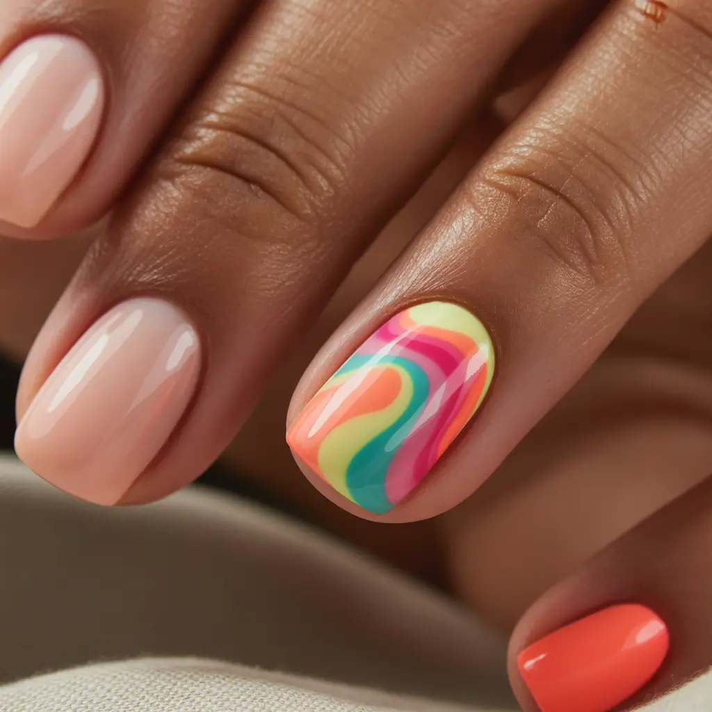 Fall 2025 Nail Colors for Dark Skin Neon Swirl Accent