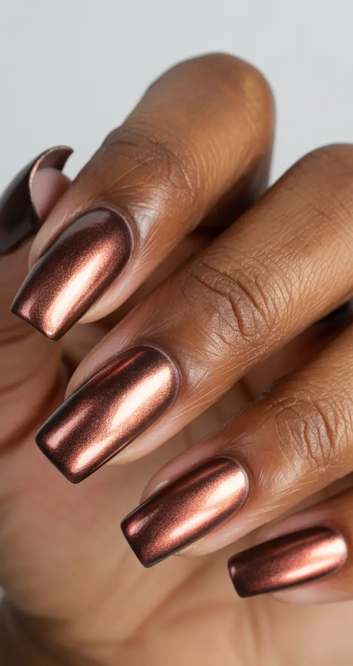 Fall 2025 Nail Colors for Dark Skin Metallic Bronze Shine