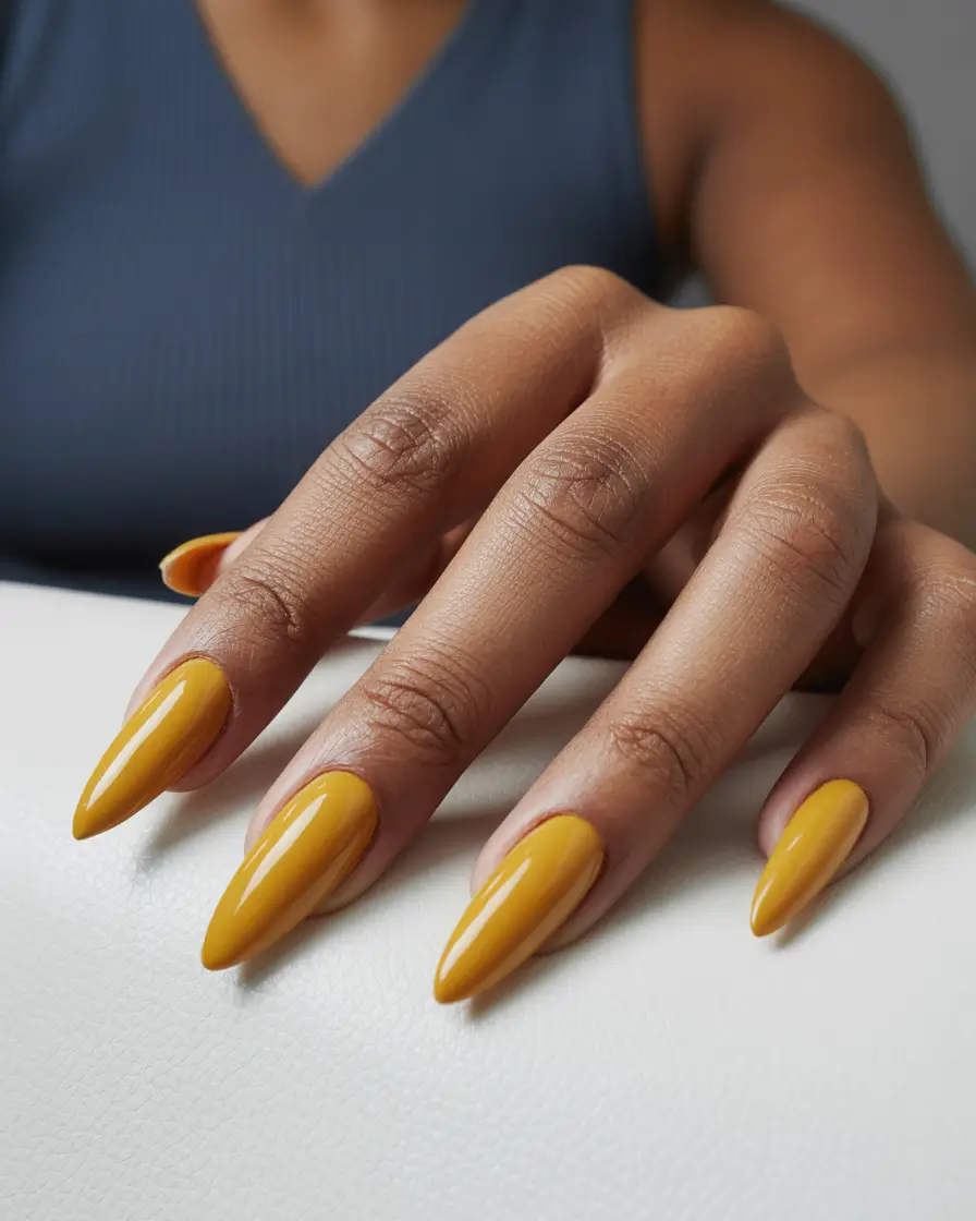 Fall 2025 Nail Colors for Dark Skin Mustard Almond Elegance