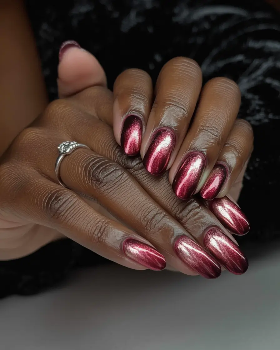 Fall 2025 Nail Colors for Dark Skin Metallic Garnet Glow