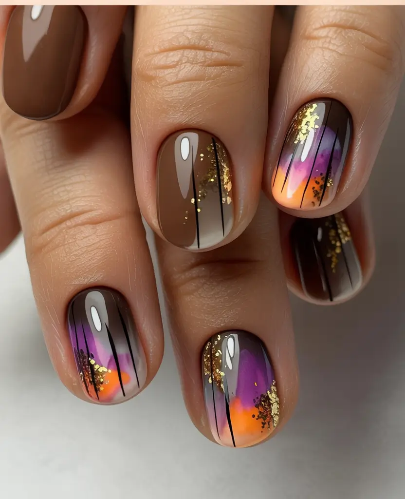 Fall 2025 Nail Colors for Dark Skin Autumn Sunset Art with Brown Base