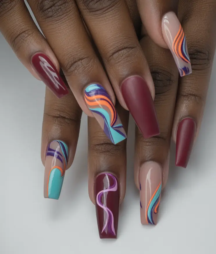 Fall 2025 Nail Colors for Dark Skin Burgundy Meets Graphic Waves