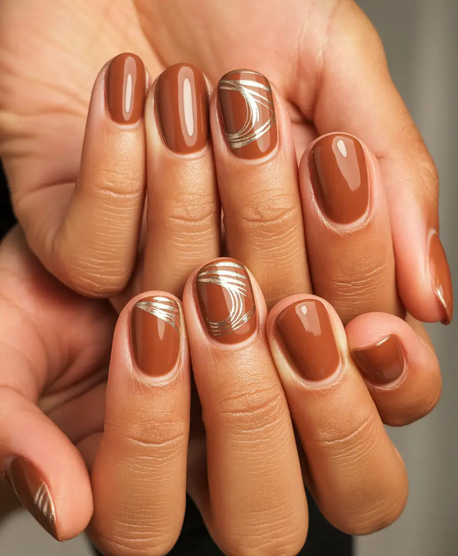 Fall 2025 Nail Colors for Dark Skin Caramel Swirl Accents