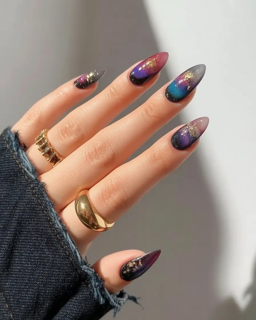 Fall Almond Nail Designs 2025 Galaxy Night Sky