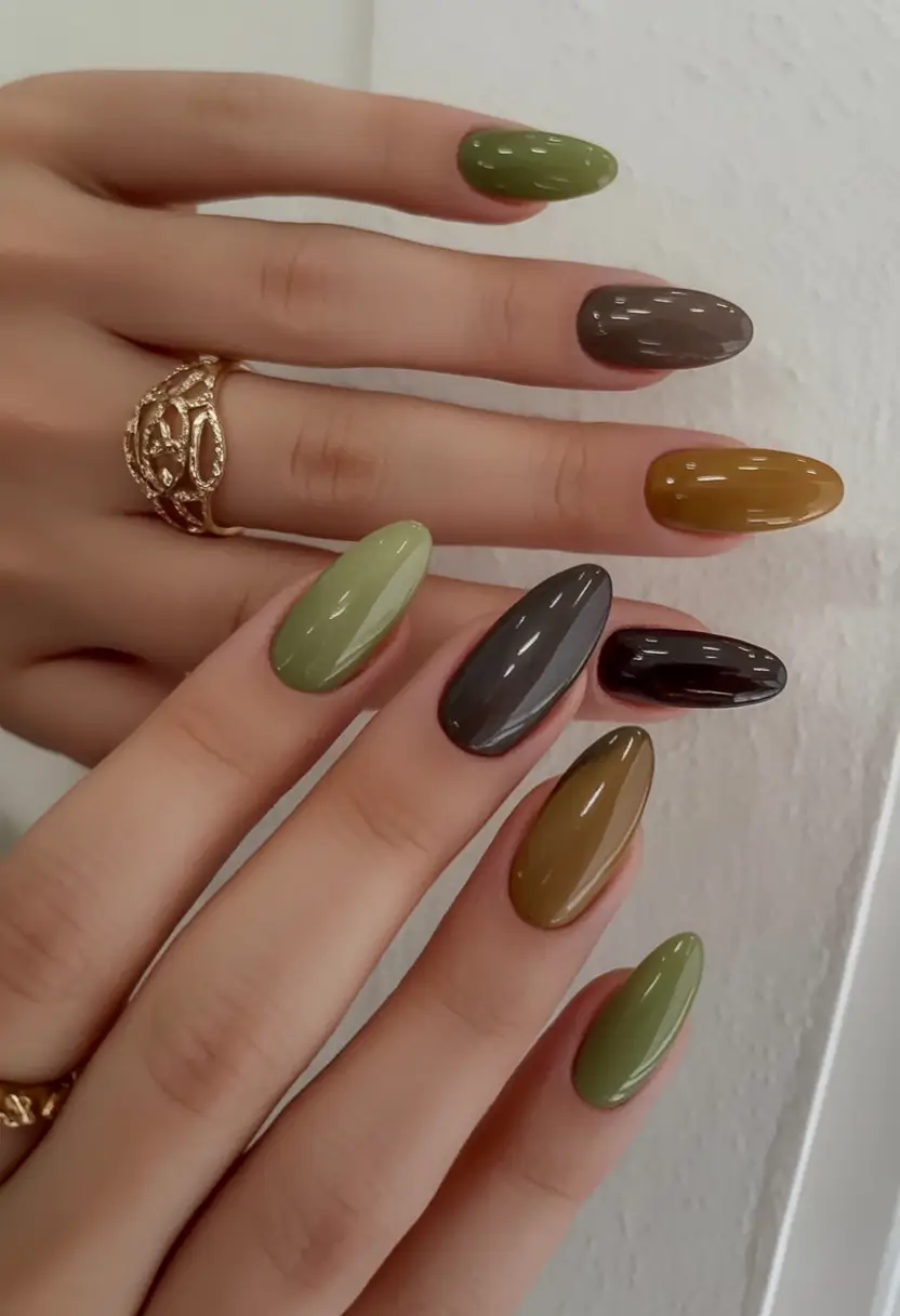Fall Almond Nail Designs 2025 Olive & Cocoa Palette