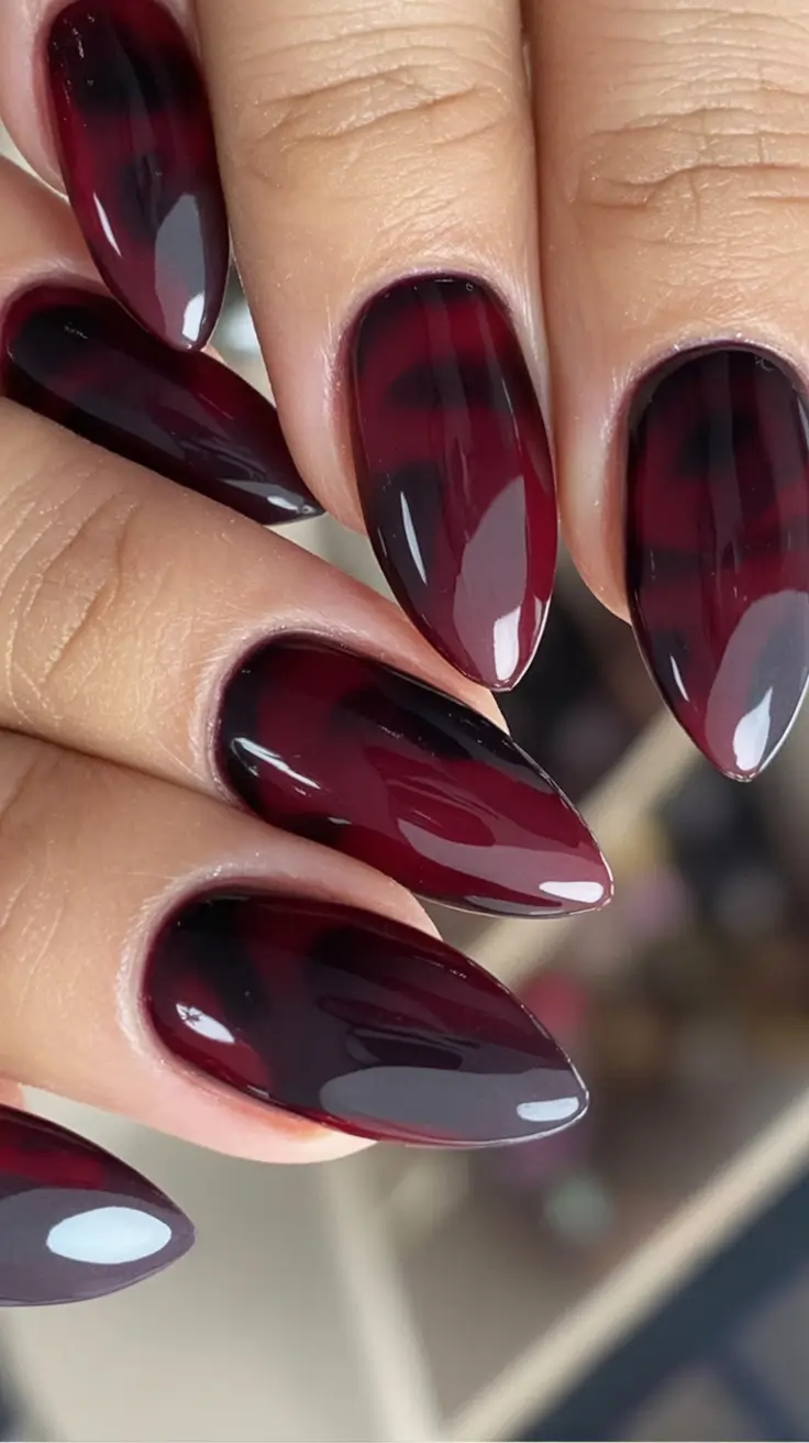 Fall Almond Nail Designs 2025 Deep Wine Tortoiseshell