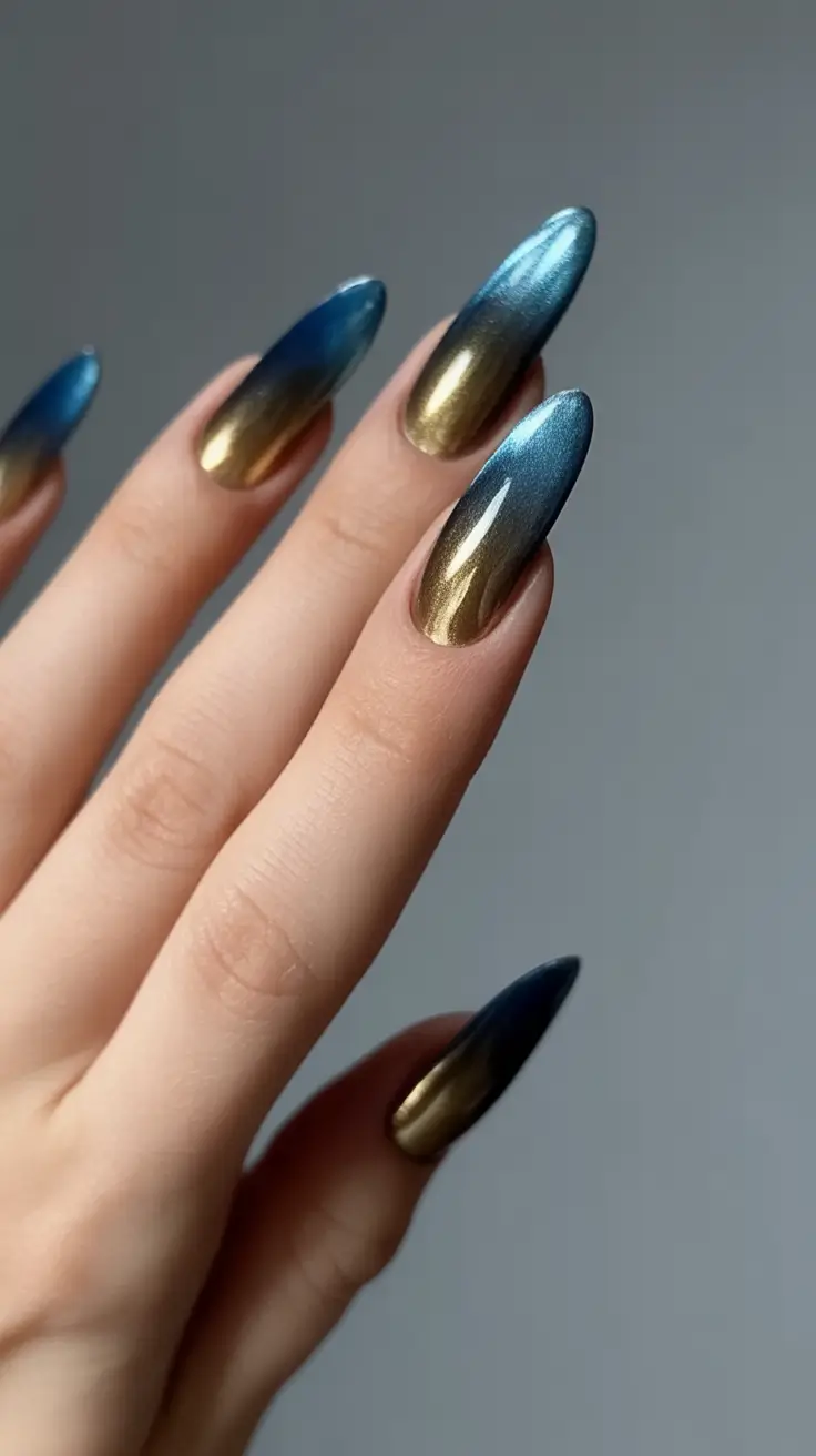 Fall Almond Nail Designs 2025 Metallic Teal and Gold Ombre