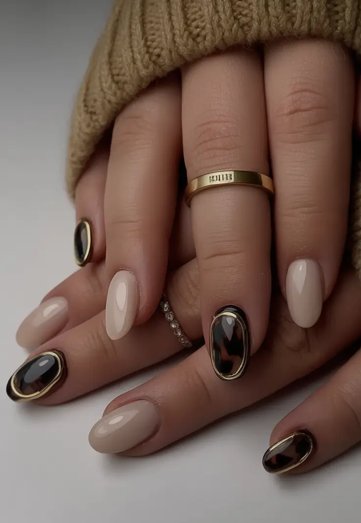 Fall Almond Nail Designs 2025 Neutral and Tortoiseshell Gems