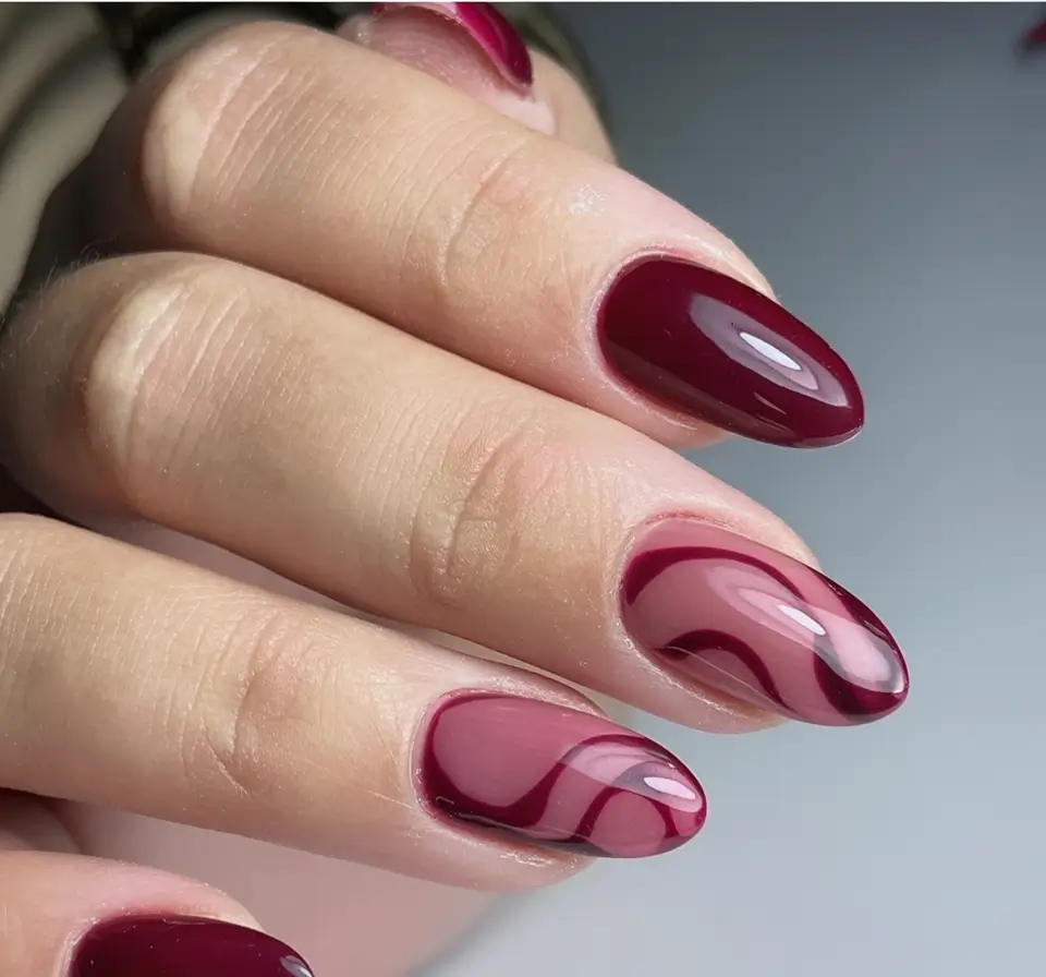 Fall Almond Nail Designs 2025 Berry Swirl Accent