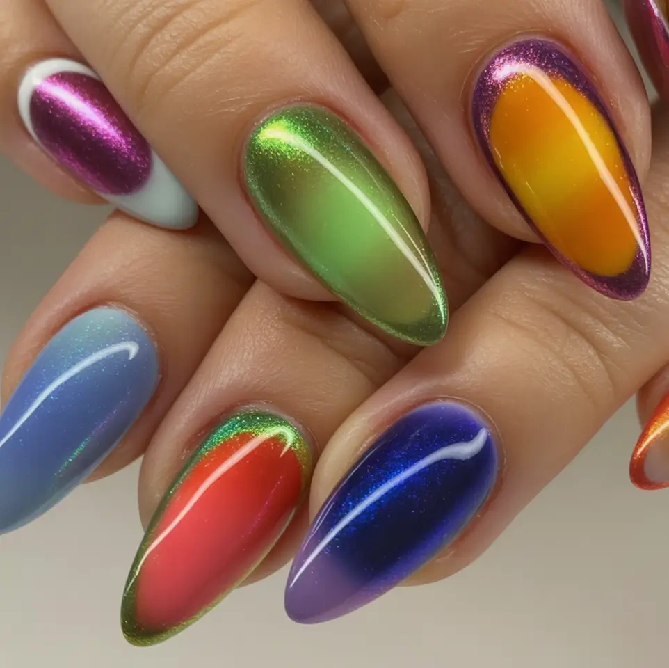 Fall Almond Nail Designs 2025 Holographic Rainbow Cat-Eye