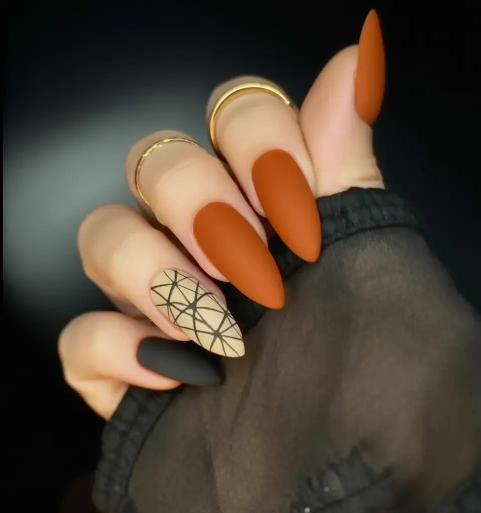 Fall Almond Nail Designs 2025 Burnt Pumpkin Matte Geometry