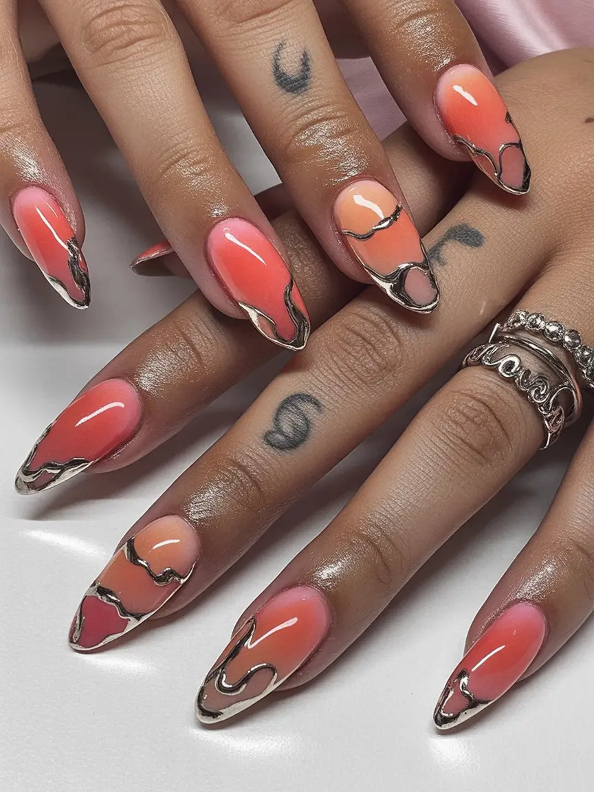 Fall Almond Nail Designs 2025 Molten Coral Chrome Flow