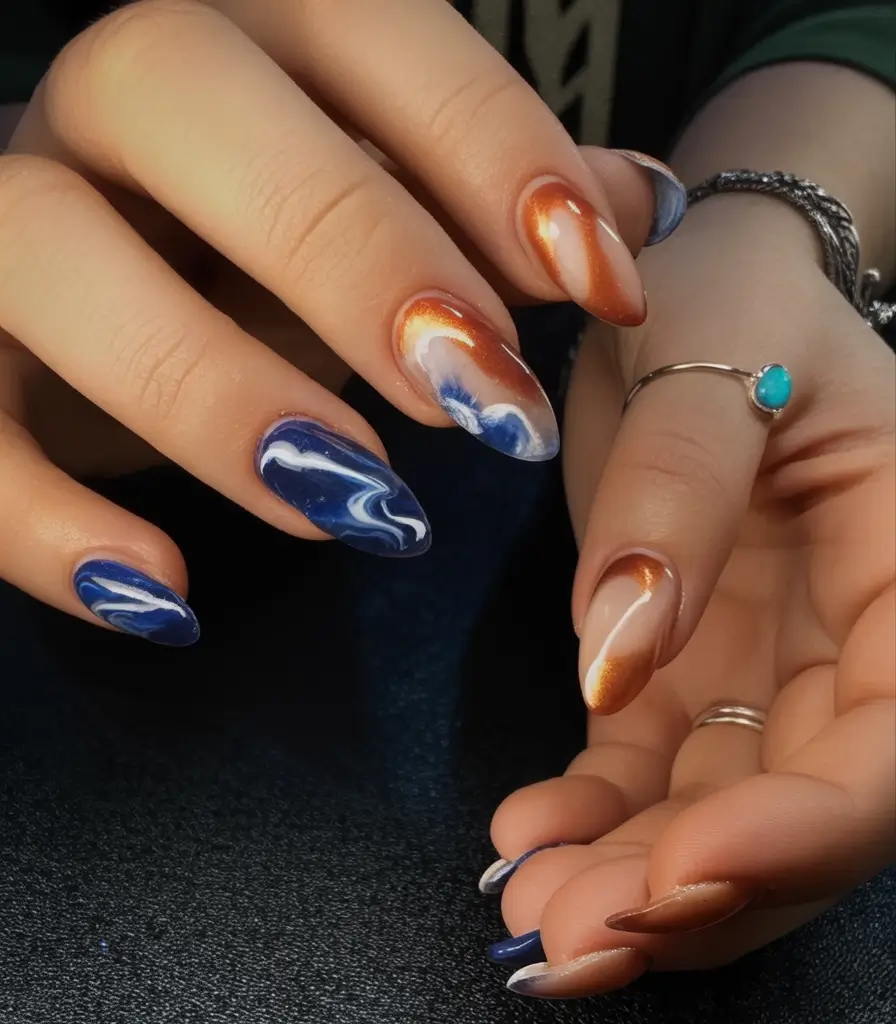 Fall Almond Nail Designs 2025 Galactic Copper and Sapphire Swirl