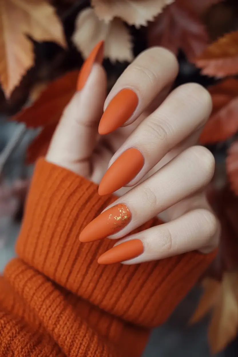 Fall Almond Nail Designs 2025 Spiced Pumpkin Matte with Golden Accent