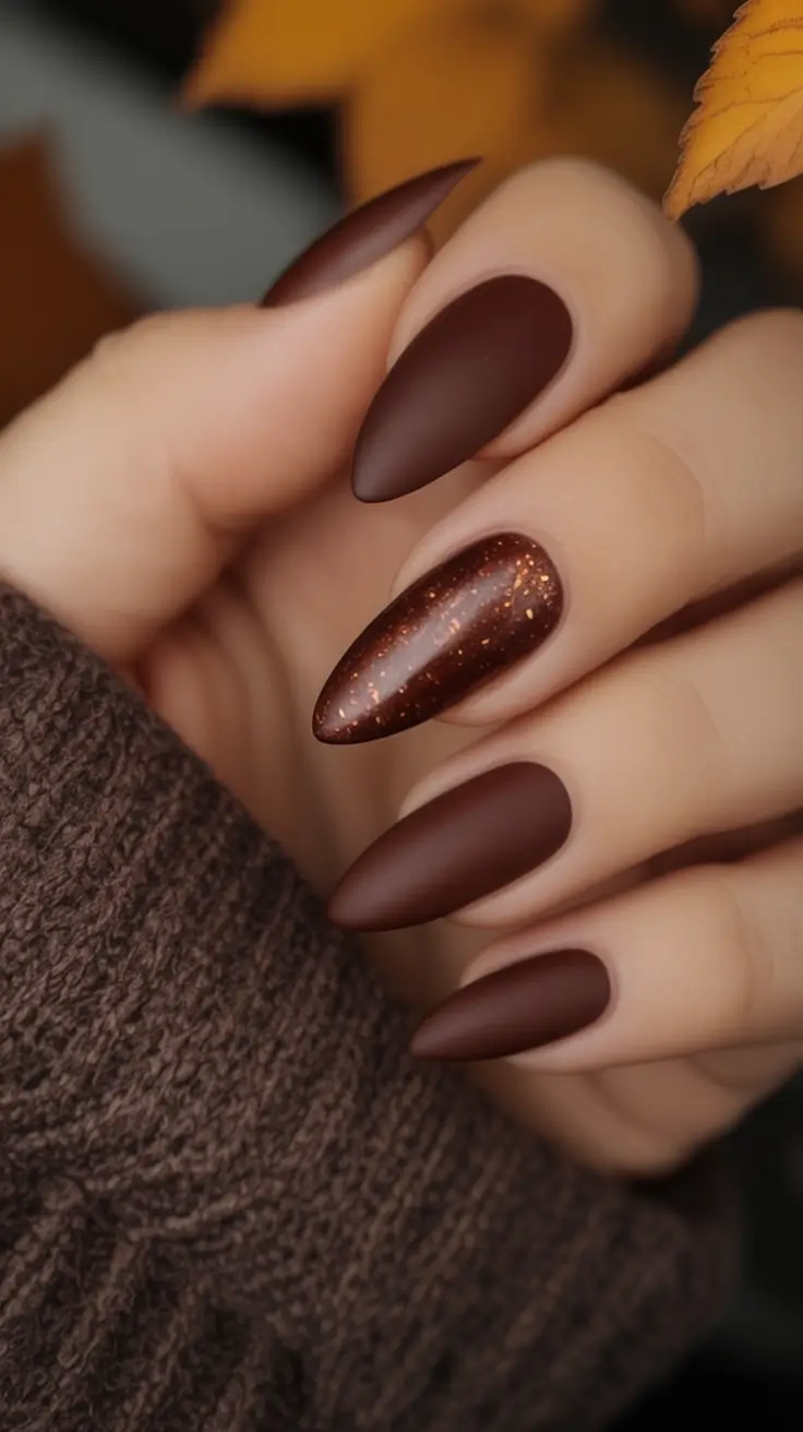 Fall Almond Nail Designs 2025 Deep Mocha Matte with Cinnamon Spark