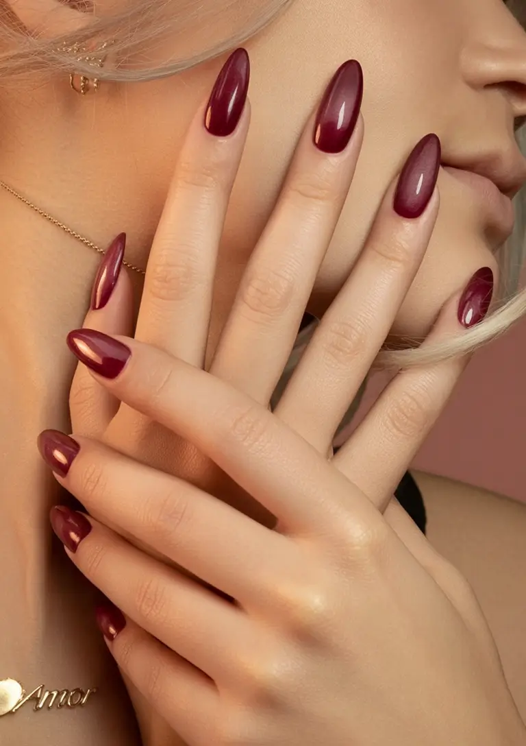 Fall Almond Nail Designs 2025 Merlot Gloss Elegance