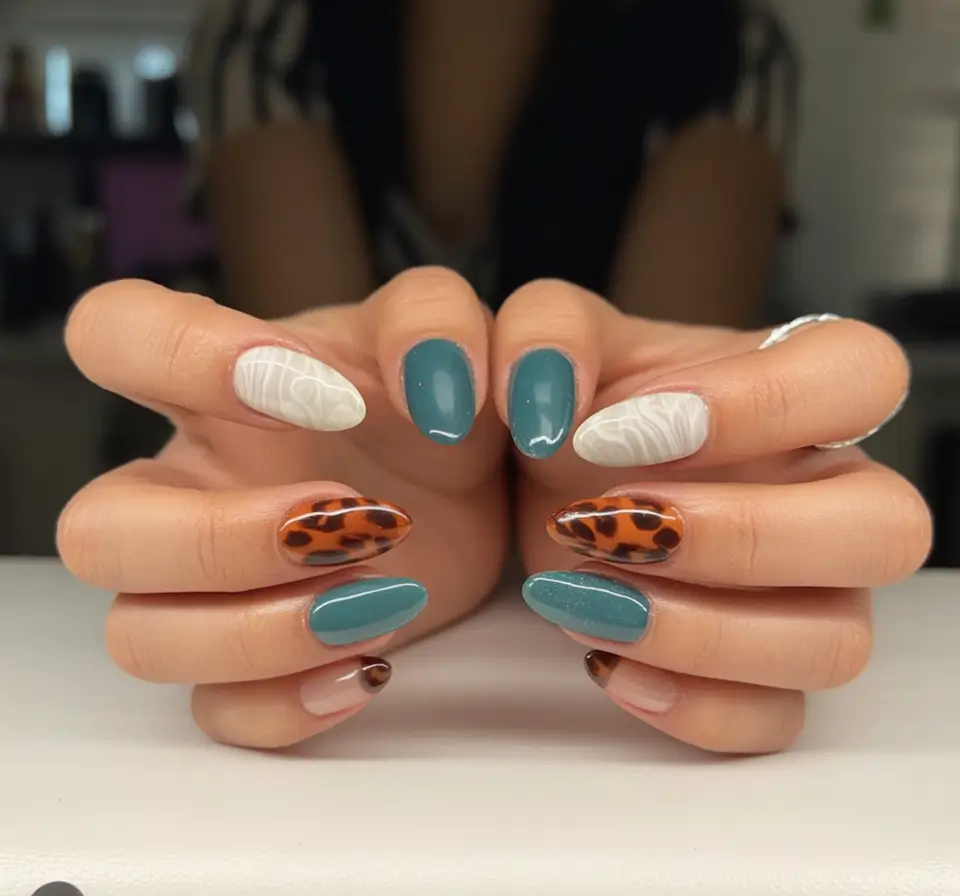 Fall Almond Nail Designs 2025 Teal, Tortoise, and Cream Mix