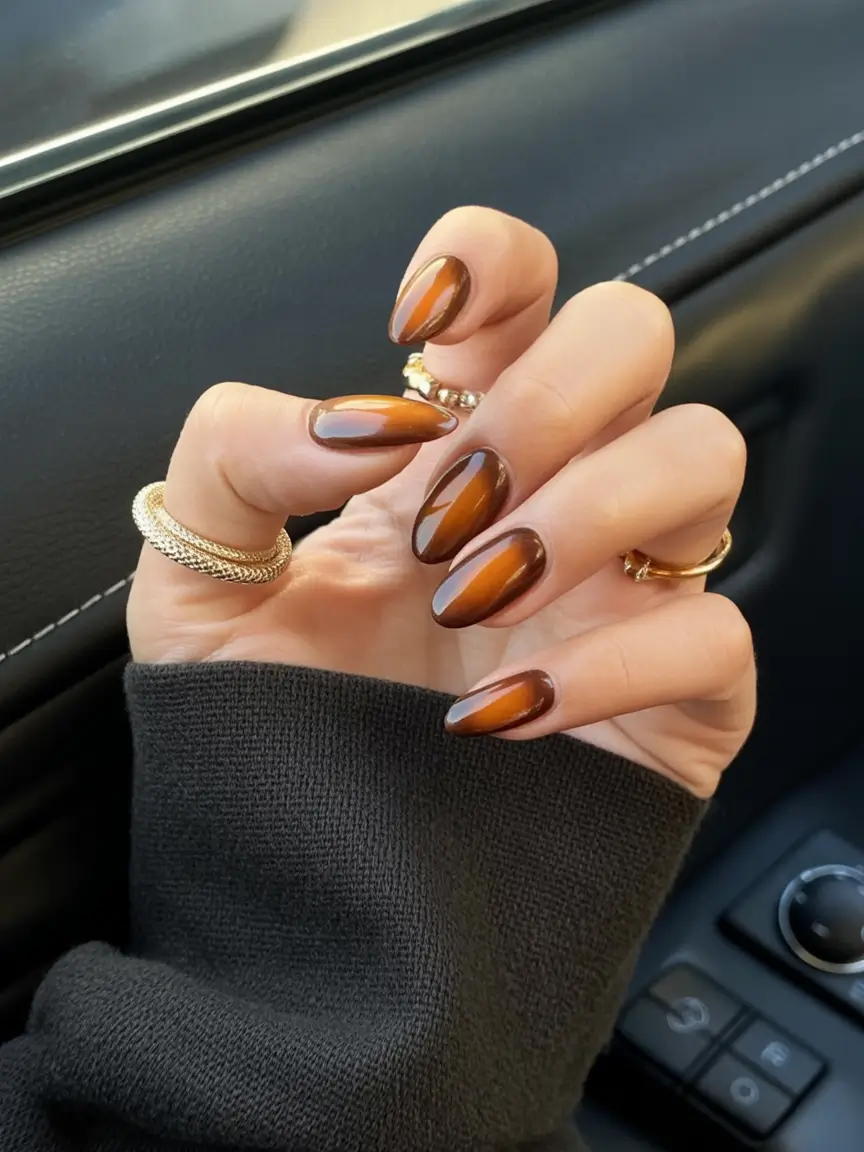Fall Almond Nail Designs 2025 Tiger’s Eye Brown