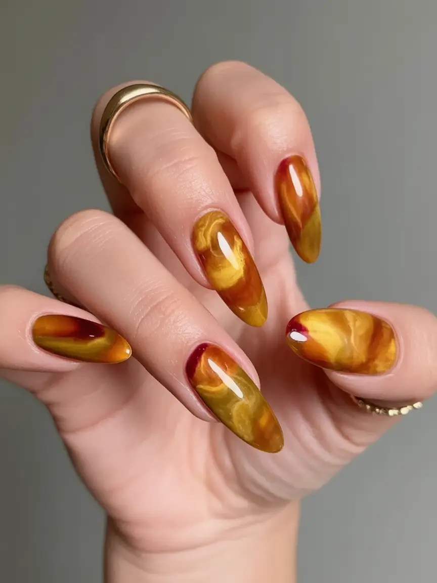 Fall Almond Nail Designs 2025 Golden Swirl Amber