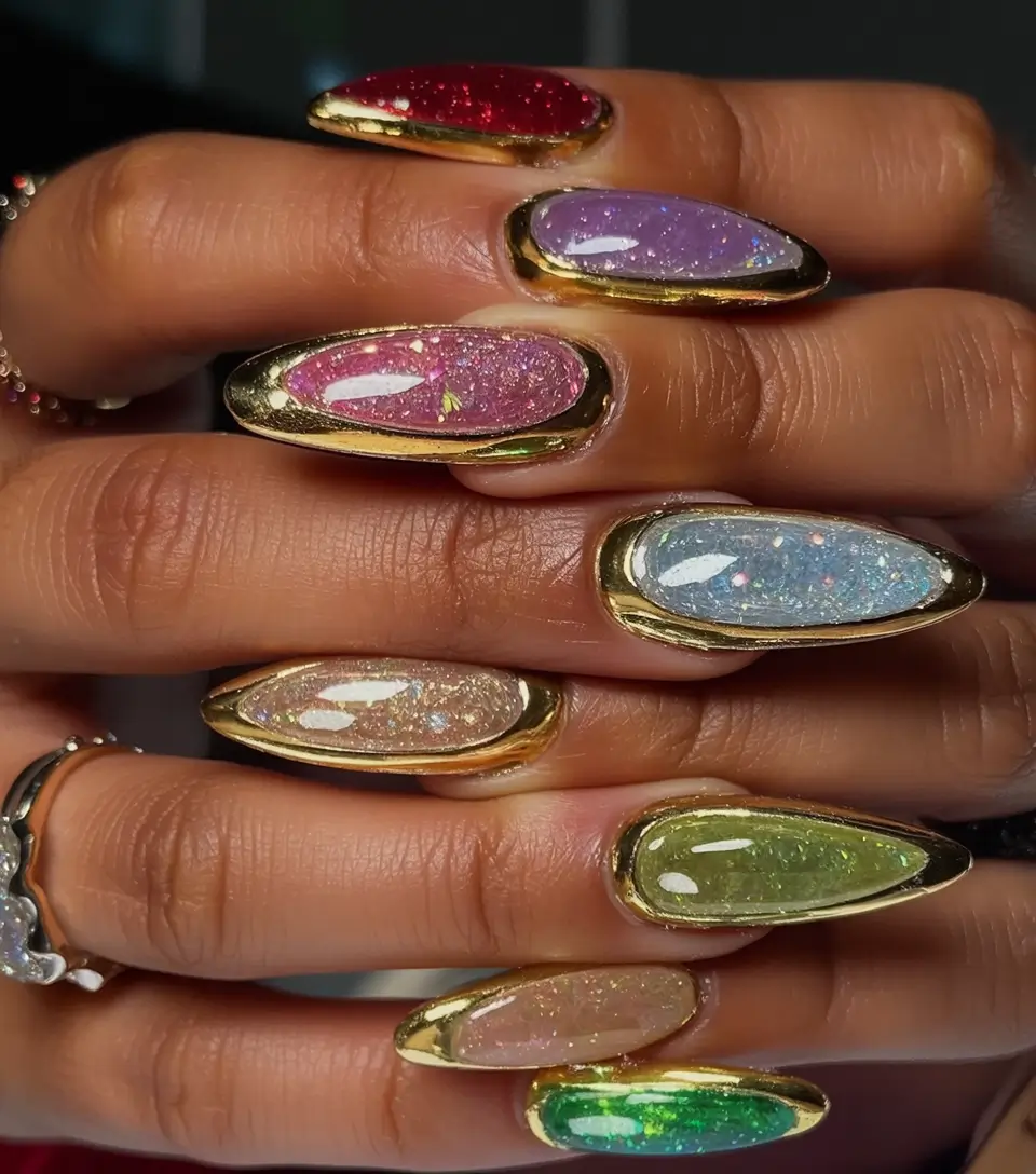 Fall Almond Nail Designs 2025 Gilded Gemstone Rainbow