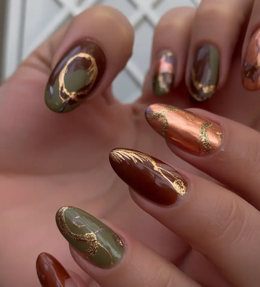 Fall Almond Nail Designs 2025 Earth & Copper Marble