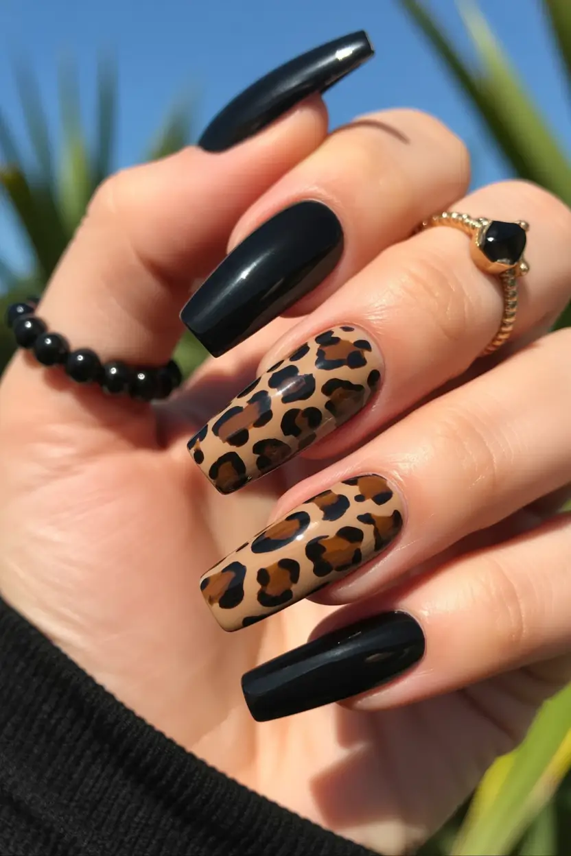 fall ballerina-shaped nail ideas 2025 chic black with leopard accent