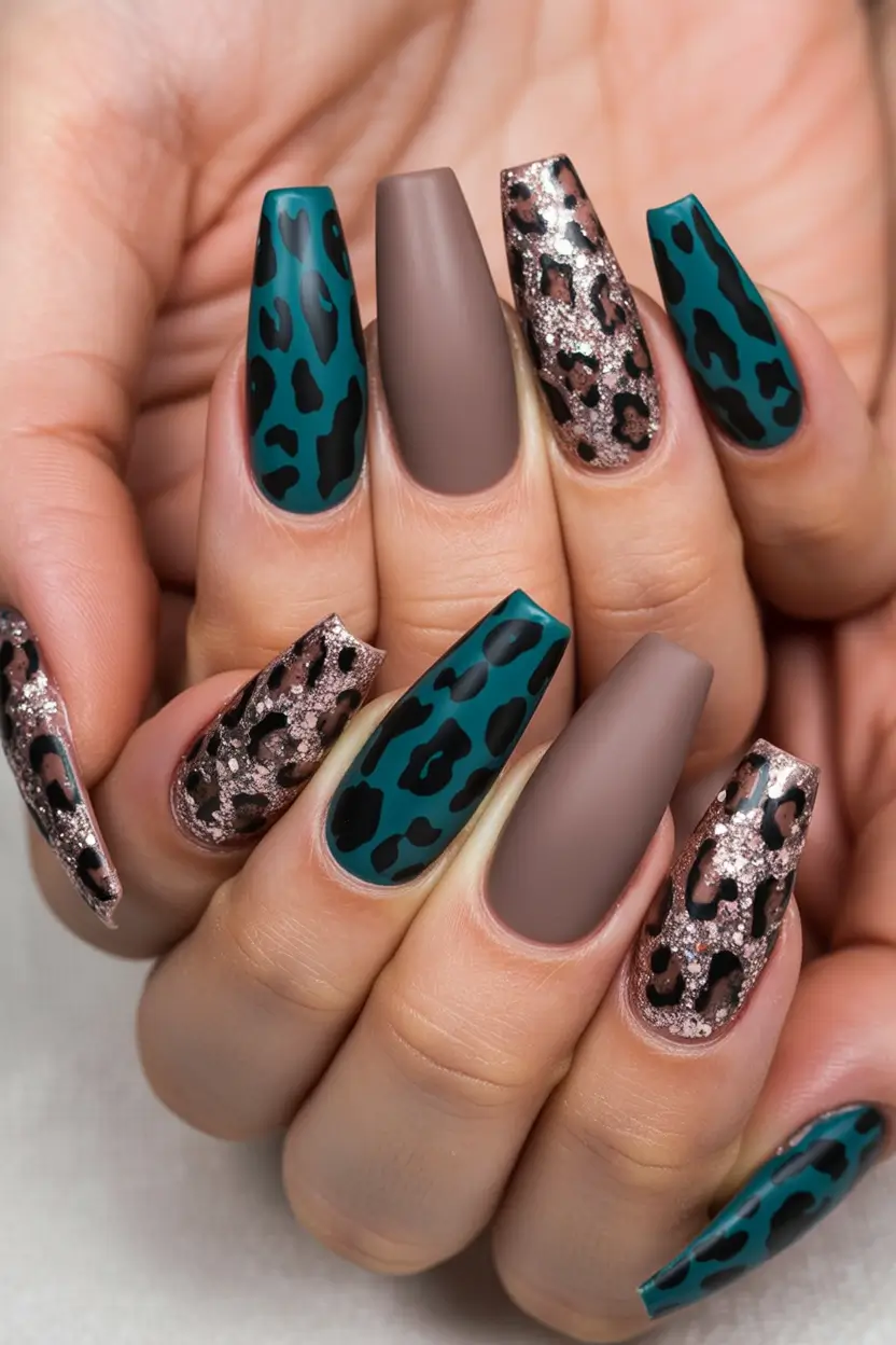 fall ballerina-shaped nail ideas 2025 teal and brown animal print