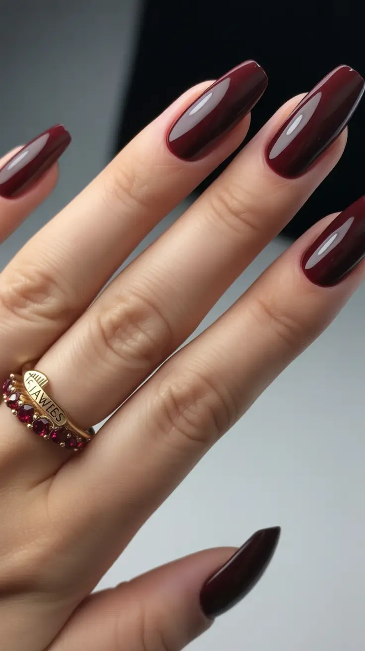 fall ballerina-shaped nail ideas 2025 classic burgundy shine