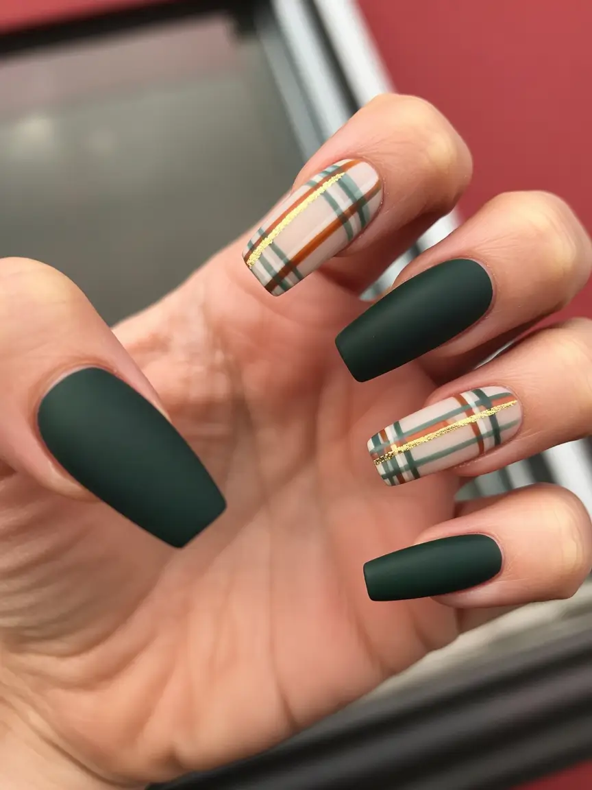 fall ballerina-shaped nail ideas 2025 deep green plaid accent