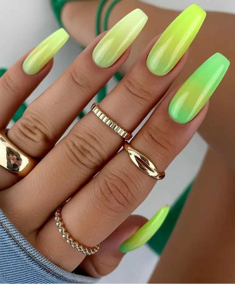 fall ballerina-shaped nail ideas 2025 neon green ombre glow
