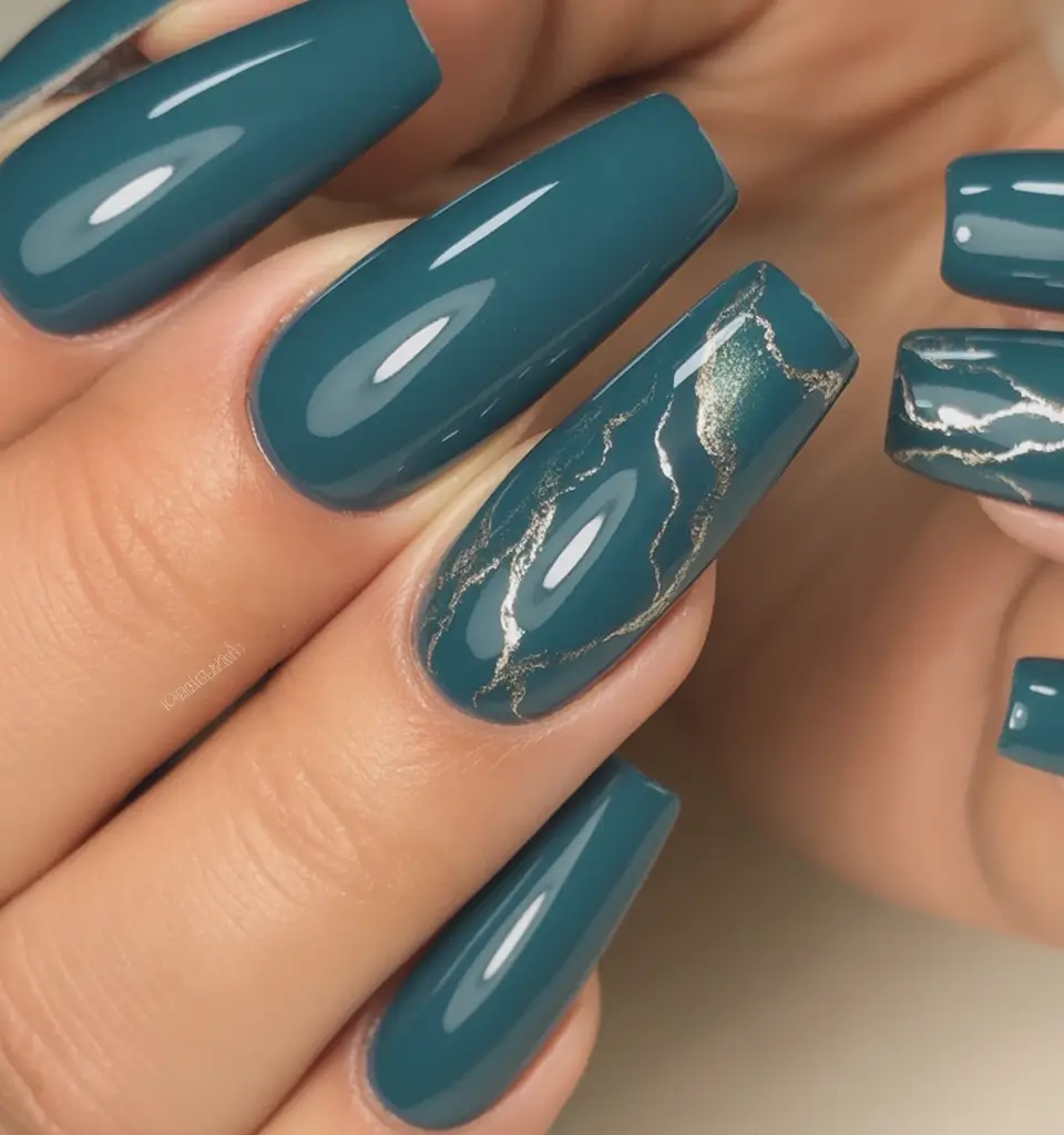 Fall Ballerina-Shaped Nail Ideas 2025 Deep Teal Elegance with Metallic Veins