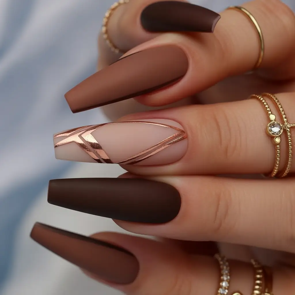 Fall Ballerina-Shaped Nail Ideas 2025 Matte Mocha with Rose Gold Geometry