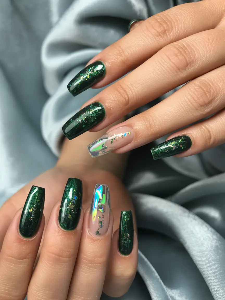 Fall Ballerina-Shaped Nail Ideas 2025 Emerald Green Shine with Holographic Twist