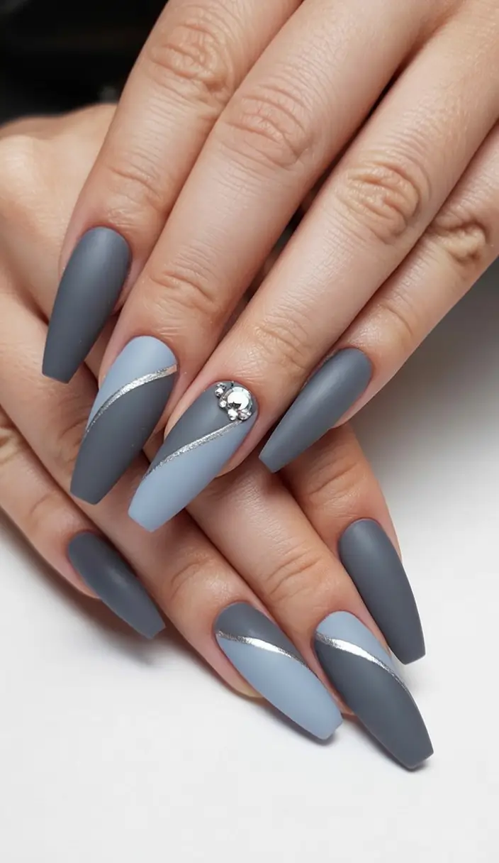 Fall Ballerina-Shaped Nail Ideas 2025 Frosty Blue Matte with Silver Detailing