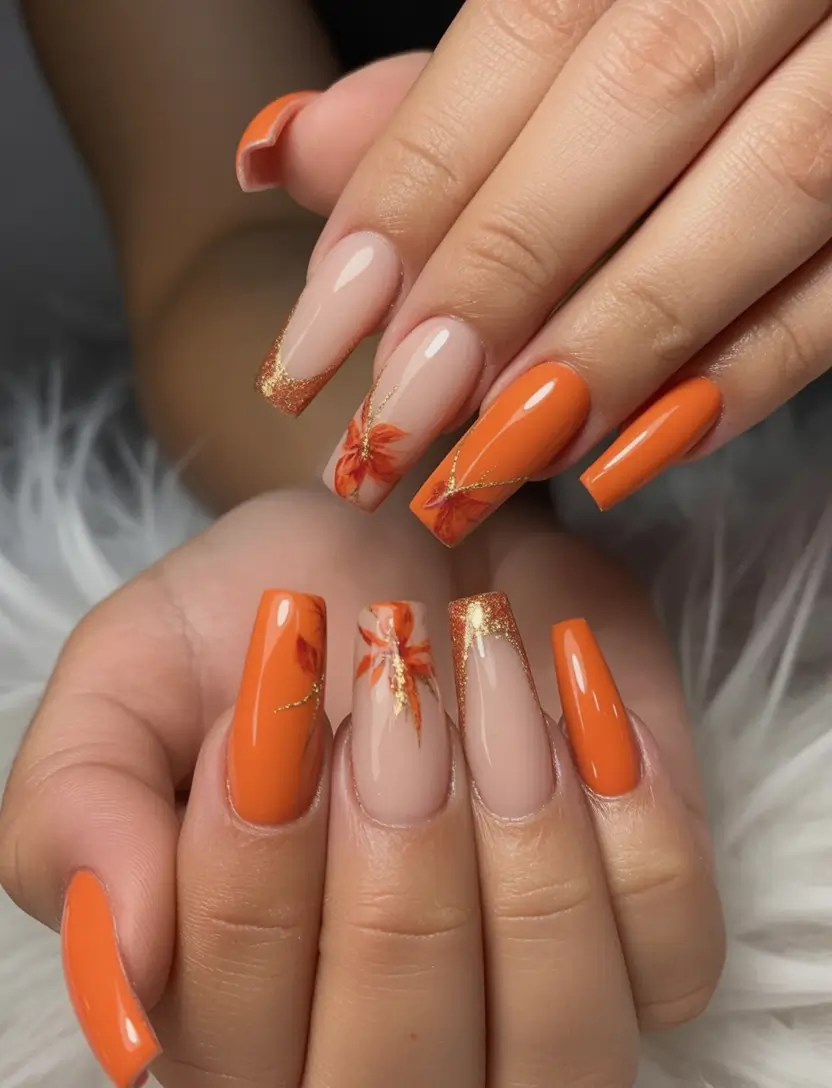 fall ballerina-shaped nail ideas 2025 burnt orange floral glamour