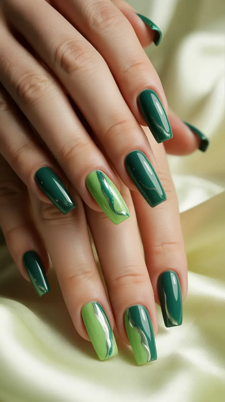 Fall Ballerina-Shaped Nail Ideas 2025 Forest Green with Fresh Lime Waves