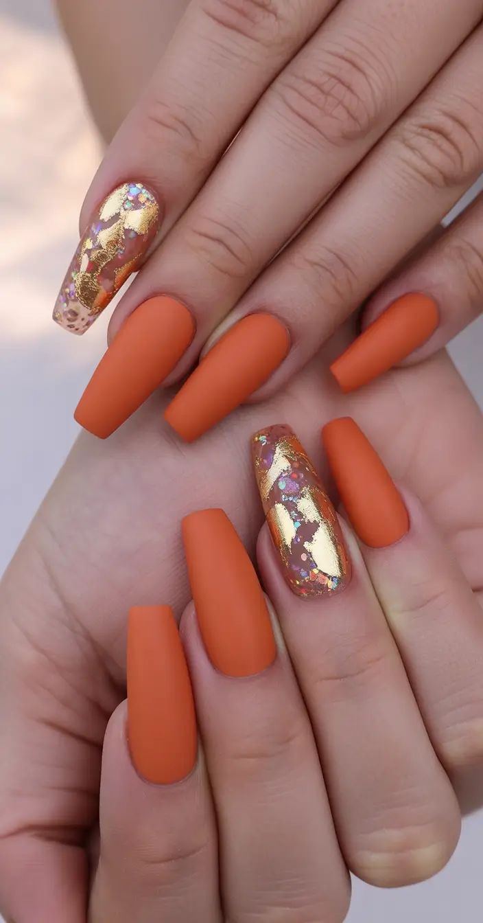 Fall Ballerina-Shaped Nail Ideas 2025 Pumpkin Matte with Golden Flakes