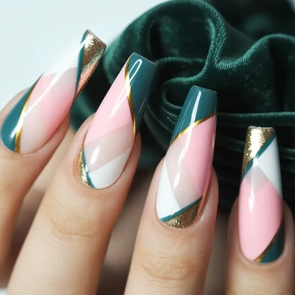 Fall Ballerina-Shaped Nail Ideas 2025 Geometric Elegance with Pink and Teal