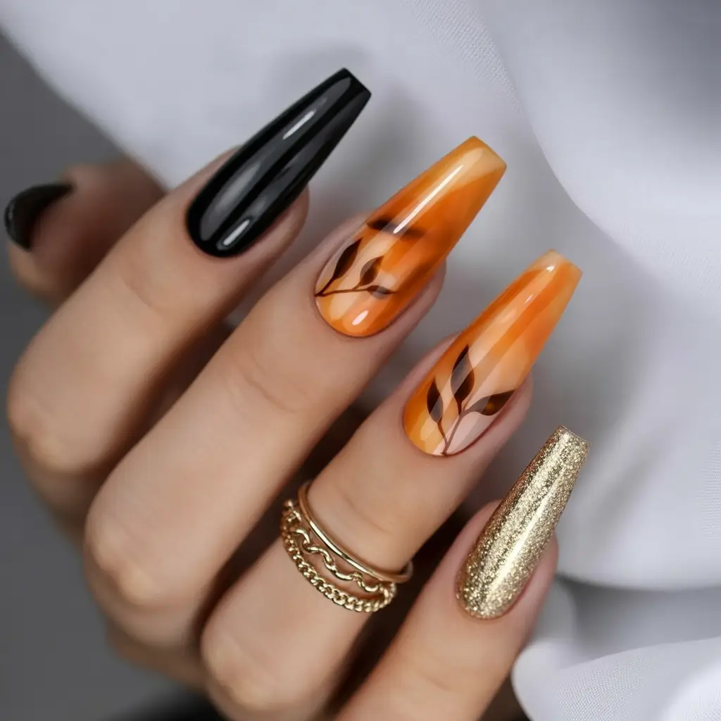 Fall Ballerina-Shaped Nail Ideas 2025 Golden Harvest with Autumn Leaves