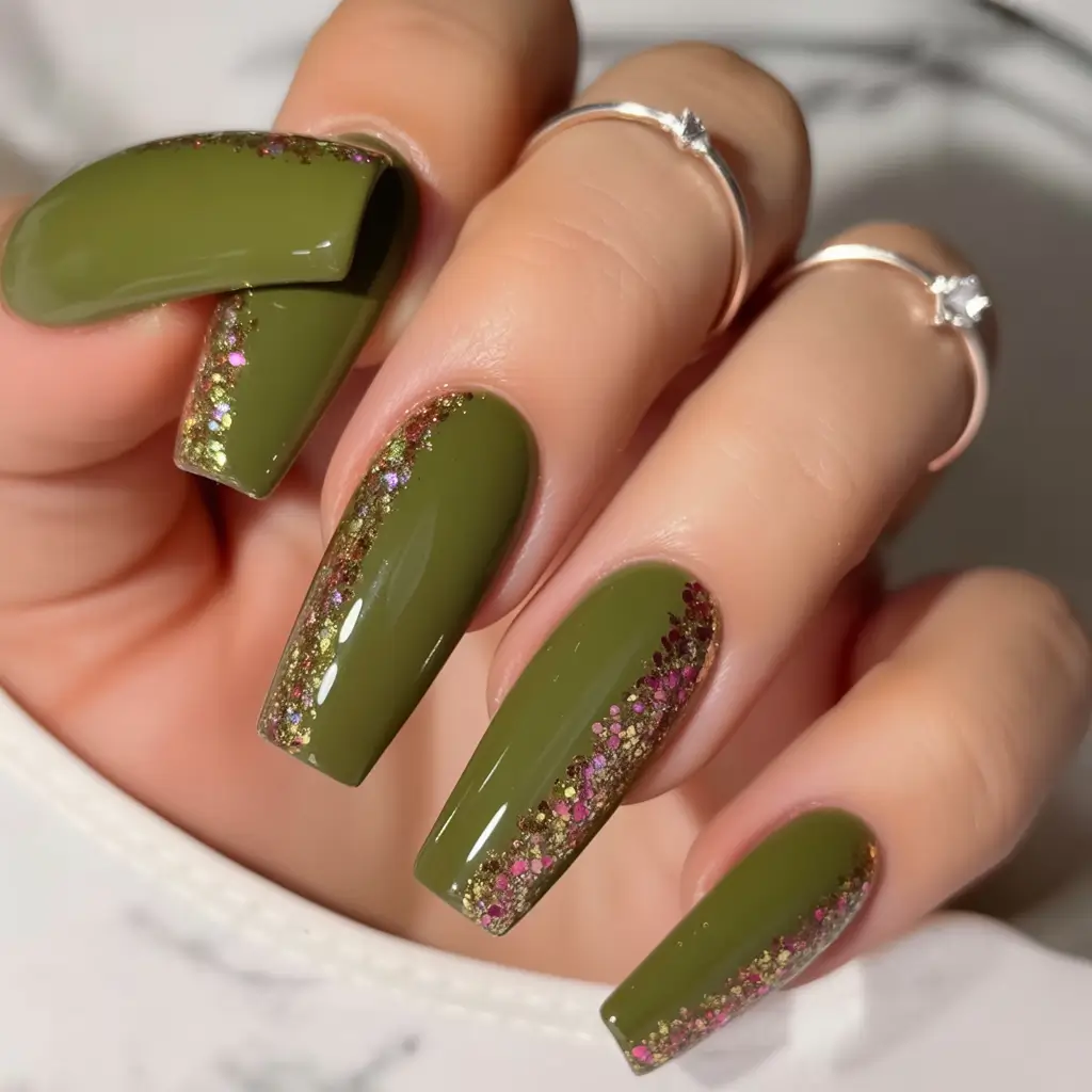 fall ballerina-shaped nail ideas 2025 olive green sparkle edges